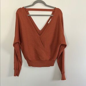 Rust V-Neck Ribbed Sweater